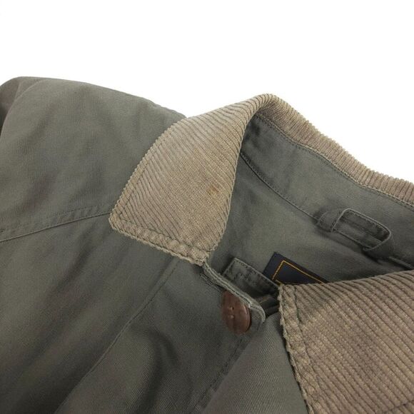 EDDIE BAUER 90s Corduroy Collar Canvas Barn Trench Coat Chore Jacket Large Olive - Picture 5 of 8